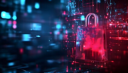 Digital shopping bag amidst futuristic network