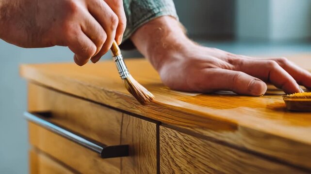 Close medium view of restoring a veneer cabinet surface by coloring scratch marks with a precision brush in a modern home interior