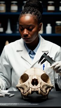 Scientist Measuring Monkey Skull With Calipers in Laboratory