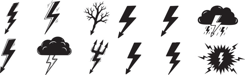 silhouette electric lightning or thunder bolt doodle style icon set clipart.eps