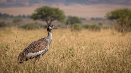 A large bird, possibly a Secretarybird, standing in tall grass in a savanna landscape with scattered trees and distant hills.