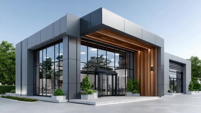 Contemporary architecture showcasing a modern business center with large glass windows and a revolving door entrance, representing corporate real estate and commercial property on a sunny day