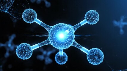 A video showcasing a futuristic molecular structure in a dark blue environment with glowing effects Science and technology Background Footage - Powered by Adobe