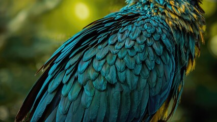 Close-up of vibrant blue and green feathers on a bird with a blurred natural background