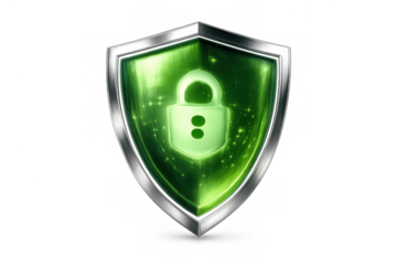 Green glowing metal shield with padlock icon representing digital cybersecurity protection and data privacy