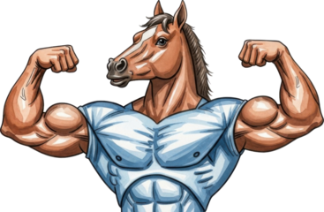 Muscular horse flexing muscles in blue vest isolated on transparent background