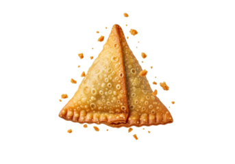 crispy samosa triangles on white backdrop