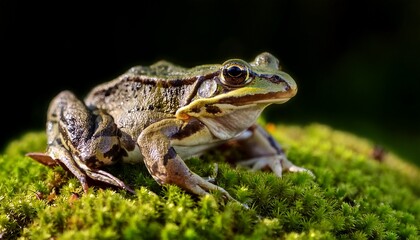 Obraz premium Isolated Close Up Of An European Grass Frog On Cozy Forest Moss Rana Temporaria