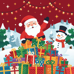 Santa Claus and Snowman with Pile of Christmas Presents.