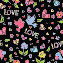 Colorful hearts, doves, and flowers on black in a romantic seamless pattern