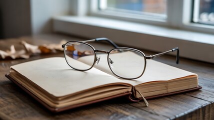 Modern Silver Frame Glasses on an Open Notebook with Blank Pages