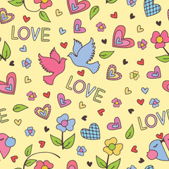 Pink and blue doves with colorful hearts in a cream romantic seamless pattern