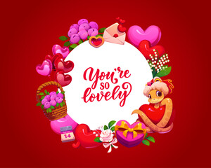 Naklejka premium You are so lovely, Valentine day quote banner with heart balloons and snake, vector background. Valentine day love holiday greeting with frame of hearts, gifts and flowers with message envelope
