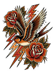A stylized illustration of a bird in flight, roses, and lightning bolts.