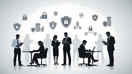 Business professionals working in an office environment with cybersecurity and data protection icons floating above, symbolizing digital security and information management.