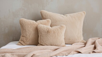 Three plush beige cushions of different sizes on a bed with beige bedding against a neutral wall.