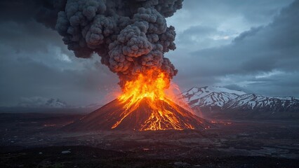 A volcano erupting with lava and ash, smoke rising into the sky, and snow-capped mountains in the background.