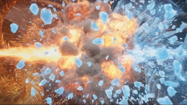 Two colossal dragons clash in a blazing fiery versus icy duel, jaws bared and sparks flying. clash!!