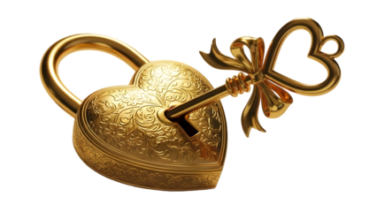 Golden heart shaped padlock with butterfly key isolated on transparent background