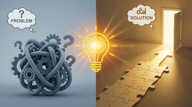 Creative concept showing contrast between complex problem represented by tangled gears and bright solution symbolized by light bulb and open door