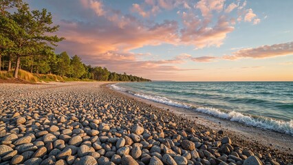 A peaceful beach scene with rocks, trees, and a colorful sky at sunset or sunrise.