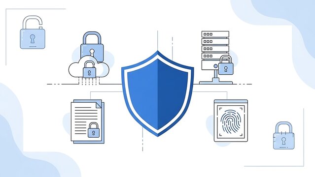 Digital security concept with a central shield, cloud data protection, server security, document privacy, and biometric authentication. - Powered by Adobe