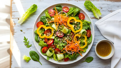 Fresh mixed salad with vegetables and dressing on a wooden table viewed from above