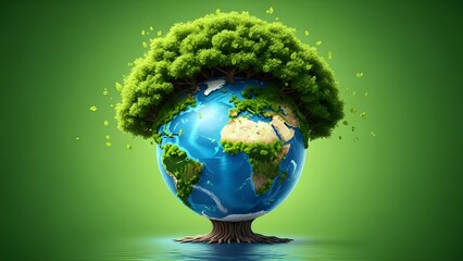 Digital illustration of a lush green tree growing out of planet Earth, environmental conservation and global warming concept.