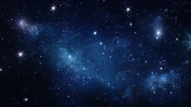 Starfield with twinkling and shimmering light points against a dark blue sky background with many stars. Cosmic universe or outer space concept. Starry night. Milky way.