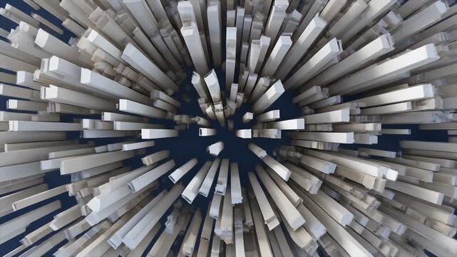 Abstract explosion of light beige rectangular prisms radiating from a central point against a dark blue background