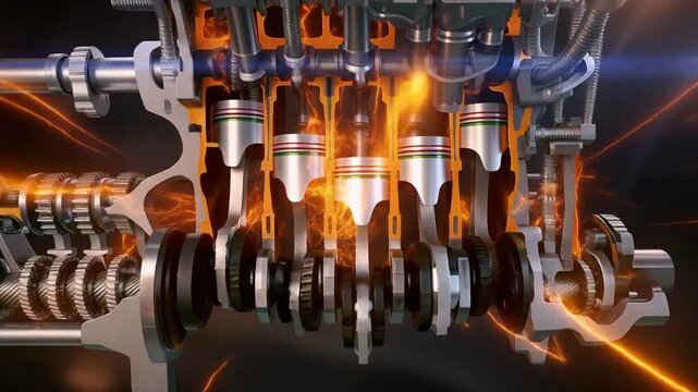 Detailed cross-section of a four-cylinder internal combustion engine with glowing orange energy sparks and internal components visible