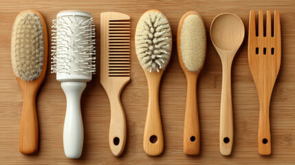 Arrangement of ceramic hair styling tools and combs on light wood, flat lay