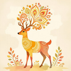Beautiful reindeer background. Vintage reindeer, floral ornament elements background.
