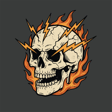 Scary Skull on Fire with Lightning Bolts.