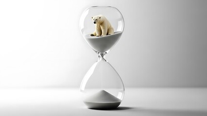 Polar bear on hourglass symbolizes melting ice caps and time running out for the arctic