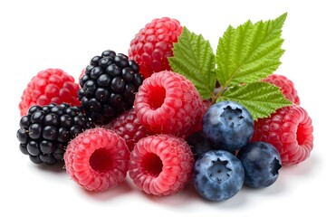 Fresh assorted berries close-up, raspberry blackberry blueberry combination, antioxidant superfood concept, juicy and ripe fruits.
