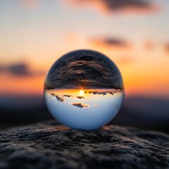 Sunset reflected in a crystal ball on a rocky surface