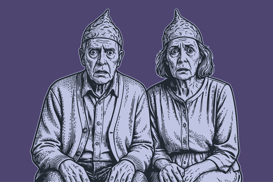 A scared elderly couple wearing tinfoil hats. Portrait of a paranoid senior man and woman. Hand-drawn vector illustration in a vintage engraving style.