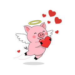 A joyful graphic illustration of a pink piglet dressed as Cupid, featuring white angel wings, a golden halo, and holding a large red heart.
