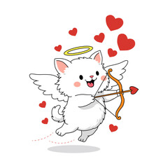 A whimsical graphic illustration of a fluffy white kitten as Cupid, complete with angel wings, a halo, and a bow aiming a heart-tipped arrow.