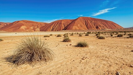 Desert landscape with hills, dry terrain, sparse vegetation, and a bright blue sky.