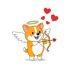 A cheerful graphic illustration of a corgi dog dressed as Cupid, featuring angel wings, a halo, and a bow with a heart-shaped arrow.