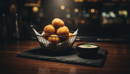 Crispy golden fried appetizers served in a wire basket with creamy dipping sauce on a dark slate board in a moody bar environment