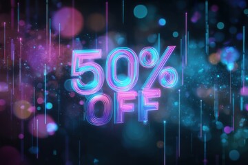 50 percent off text in luminous 3d style surrounded by digital light effects and abstract shapes in dark space concept of retail ecommerce advertising campaign
