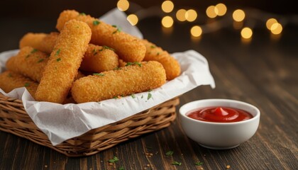 Golden crispy fried mozzarella sticks appetizer served in a rustic basket with dipping tomato ketchup