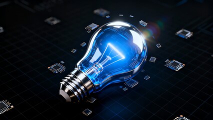 A glowing glass light bulb on a black background represents a bright concept of electric energy and creative inspiration for a modern business network technology invention