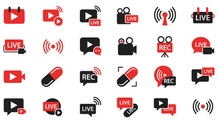  Live streaming and broadcast icons with red interface button. Online news, webinar, music channel, and livestream symbols for TV and video screen banners. Isolated vector set..eps