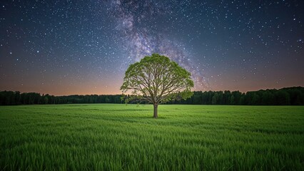 A solitary tree in a green field under a starry night sky with the Milky Way. Nature and night sky, landscape, stars. The concept of tranquility and celestial beauty.