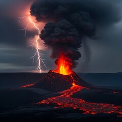 Volcanic eruption spews lava and ash under a lightning-filled sky