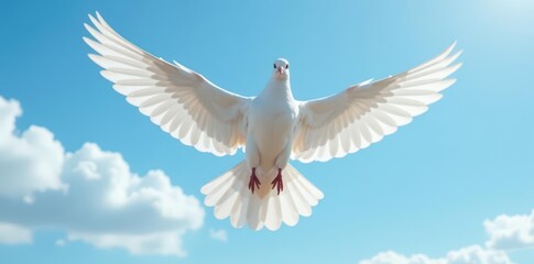 Obraz premium Majestic white pigeon airborne, wings outstretched, against clear sky , photography, clouds, bird
